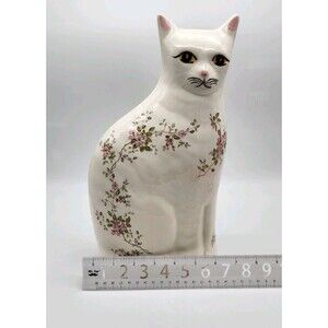 Vintage Gustin Pottery Cat Figurine, Hand-Painted Floral Design
